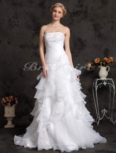 Corte A Apliques Strapless Drapeado Lateral Con volados Hasta el Suelo Vestido de Novia