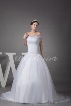 Corte Evasé Hombros Caídos Cola Corte Sin Mangas Organza Vestido de Novia
