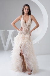 Corte A Escote Halter Hasta el Suelo Sin Mangas Organza Encaje Vestido de Novia