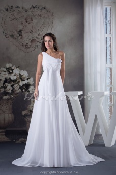 Corte A Solo Hombro Hasta el Suelo Barrer / cepillo tren Sin Mangas Gasa Vestido de Novia