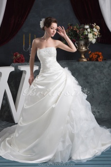 Corte Evasé Strapless Hasta el Suelo Cola Gorrailla Sin Mangas Satén Vestido de Novia