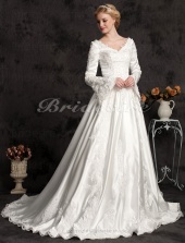 Corte Evasé Largo Satén Sleeve Lujo Escote en V Vestido de Novia With Beaded Apliques