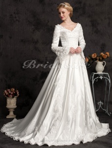 Corte Evasé Largo Satén Sleeve Lujo Escote en V Vestido de Novia With Beaded Apliques