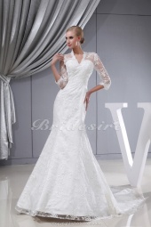 Corte Sirena Escote en V Barrer / cepillo tren Manga de longitud 3/4 Encaje Vestido de Novia