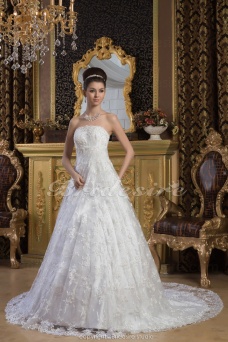 Corte A Strapless Hasta el Suelo Cola Corte Sin Mangas Satén Encaje Vestido de Novia