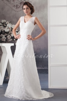 Corte A Escote en V Cola Corte Sin Mangas Gasa Encaje Vestido de Novia