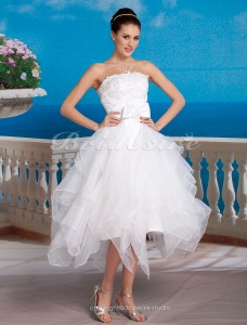 Corte Evasé Organza Asimétrico Strapless Vestido de Novia With Removable Cola Catedral