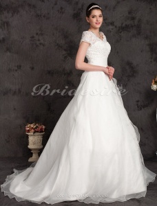 Corte Evasé Tallas Gryes Organza Cola Gorrailla Hombros Caídos Vestido de Novia