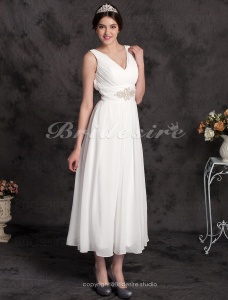 Corte A Gasa Hasta el Tobillo Escote en V Vestido de Novia