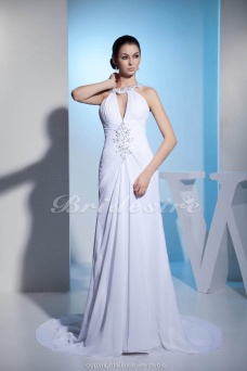 Corte A Escote Halter Hasta el Suelo Cola Corte Sin Mangas Gasa Vestido de Novia