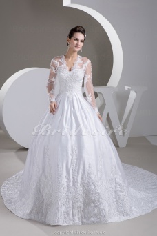 Corte Evasé Escote en V Cola Gorrailla Manga Larga Tafetán Encaje Vestido de Novia