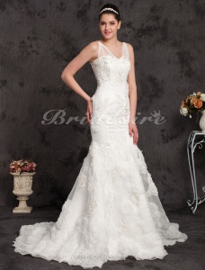 Corte Sirena Encaje Cola Corte Escote en V Vestido de Novia