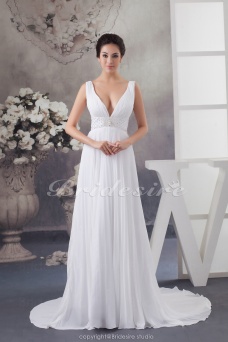 Corte A Escote en V Hasta el Suelo Barrer / cepillo tren Sin Mangas Gasa Vestido de Novia
