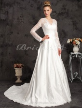 Corte A Satén Y Satén Encaje Cola Gorrailla Escote en V Vestido de Novia Inspired By Kate Middleton