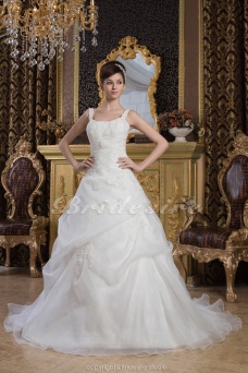 Corte A Escote Cuadrado Hasta el Suelo Barrer / cepillo tren Sin Mangas Organza Satén Vestido de Novia