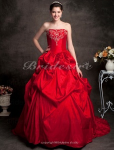 Corte Evasé Cola Gorrailla Strapless Tafetán Sin Mangas Rojo Vestido de Novia