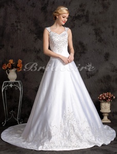 Corte A Satén Cola Gorrailla Escote en V Vestido de Novia