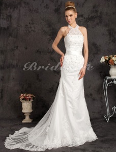 Corte Sirena/Trumpet Encaje Tul Cola Corte Escote Alto Vestido de Novia