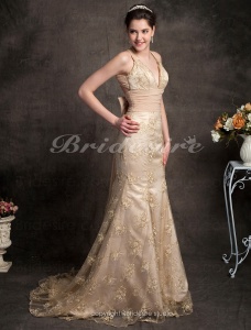 Trumpet/ Corte Sirena Cola Corte Escote en V Gasa Y Encaje Vestido de Novia