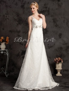 Corte A Cola Corte Satén Encaje Escote en V Vestido de Novia