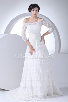 Corte A Hombros Caídos Cola Corte Manga de longitud 3/4 Encaje Vestido de Novia