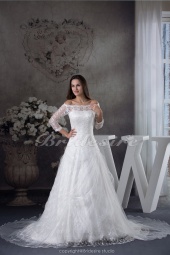 Corte A Escote Barco Cola Gorrailla Manga de longitud 3/4 Organza Encaje Vestido de Novia