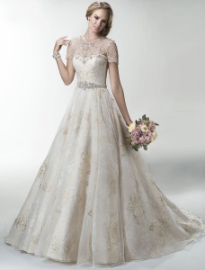 Corte Evasé Escote Corazón Manga Corta Vestido de Novia