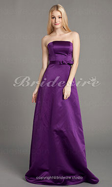 Corte Recto/ Column Tramo Satén Hasta el Suelo Strapless Bridesmaid/ Wedding Party Vestido