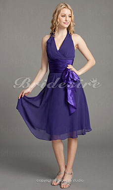 Corte A Escote en V Escote Halter  Gasa Matte Satén Hasta la Rodilla Bridesmaid/ Wedding Party Vestido
