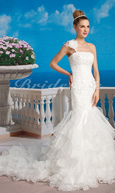 Corte Sirena/ Trumpet Organza Cola Corte One Shouler Con volados Vestido de Novia