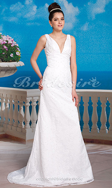 Corte Recto/ Column Encaje Sweep/ Brush Train Escote en V Vestido de Novia inspired by Katherine Heigl