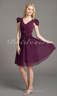 Corte A Gasa Over Elastic Satén Hasta la Rodilla Escote en V Bridesmaid/ Wedding Party Vestido