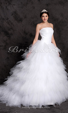 Corte Evasé Sweep/ Brush Train Con volados Tul Over Satén Vestido de Novia