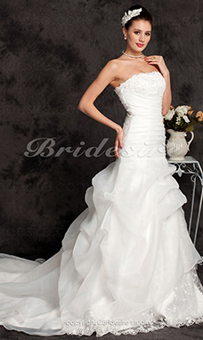 Corte A Organza Over Encaje Cola Catedral Strapless Vestido de Novia with Apertura Frontal