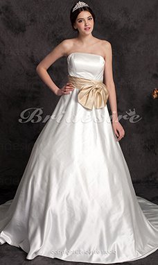 Corte A Satén Strapless Cola Gorrailla Vestido de Novia with Ribbon