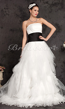 Corte Evasé Satén Tul Hasta el Suelo Strapless Vestido de Novia