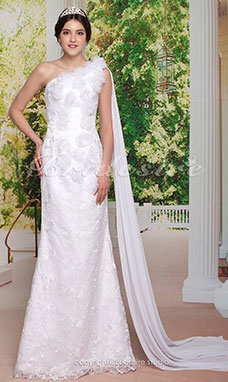 Trumpet/ Corte Sirena Sweep/ Brush Train Encaje Solo Hombro Vestido de Novia