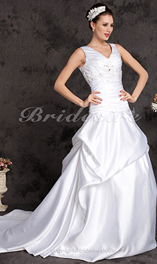 Corte A Satén Cola Gorrailla Escote en V Vestido de Novia