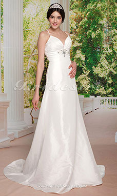 Corte Recto/ Column Escote en V Cola Corte Tirantes Elastic Woven Satén Vestido de Novia