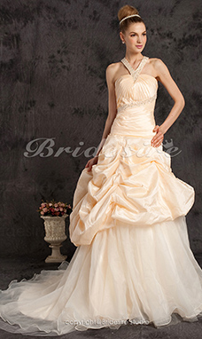 Corte A Tafetán Organza Cola Corte Escote en V Vestido de Novia