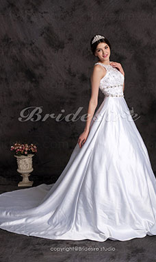 Corte Evasé Cola Gorrailla Satén Escote Joya Vestido de Novia