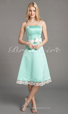 Corte A Satén Encaje Hasta la Rodilla Strapless Bridesmaid/ Vestido de fiesta
