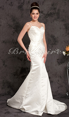 Corte Sirena/Trumpet Satén Cola Gorrailla Spaghetti Strap Vestido de Novia