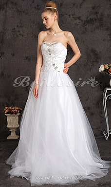 Corte Evasé Hasta el Suelo Tul Strapless Escote Corazón Vestido de Novia