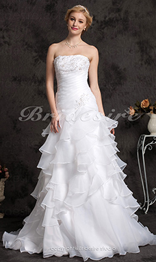 Corte A Apliques Strapless Drapeado Lateral Con volados Hasta el Suelo