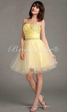 Corte A Gasa Y Tul Corto/Mini Strapless Vestido de cóctel With Abalorio Y Cristal detallyo 