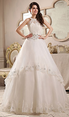 Corte Evasé Escote Halter Hasta el Suelo Organza Vestido de Novia