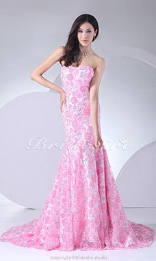 Corte Sirena Strapless Barrer / cepillo tren Sin Mangas Encaje Vestido