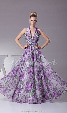 Corte A Escote en V Escote Halter  Hasta el Suelo Sin Mangas Gasa Vestido de fiesta