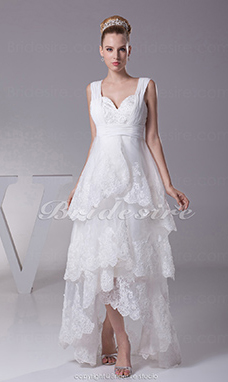 Corte A Escote Corazón Asimétrico Hasta la Tibia Sin Mangas Satén Organza Vestido de Novia